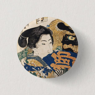 Classic vintage ukiyo-e geisha with fan Utagawa Button