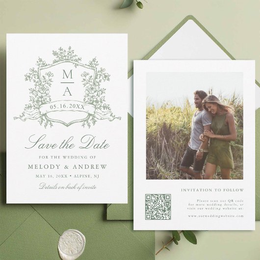 Classic Wappen Sage Green Wedding Foto Save The Date
