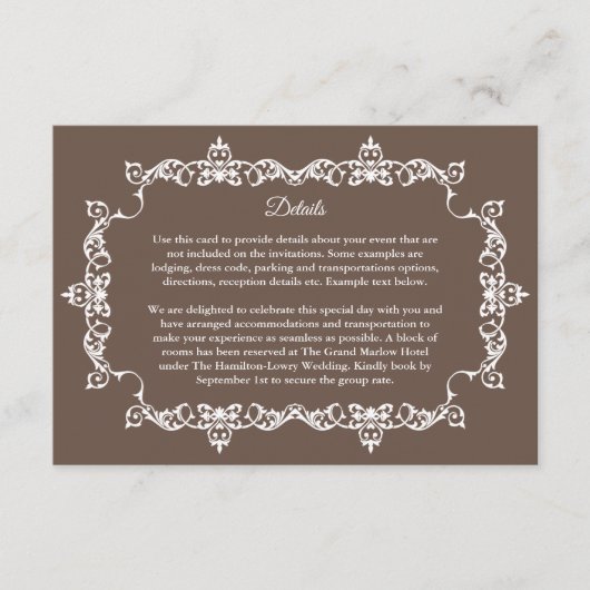 Classic Warm Mocha Brown Ornately Framed Wedding Begleitkarte (Vorderseite)