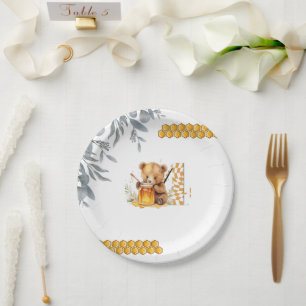 Classic Watercolor Bear Honey zum vierten Geburtst Pappteller