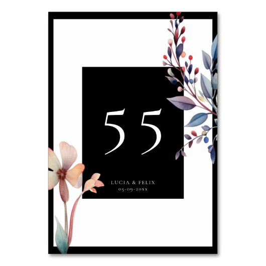 Classic Watercolor Blue Blätter Black Wedding Tischnummer (Vorderseite)