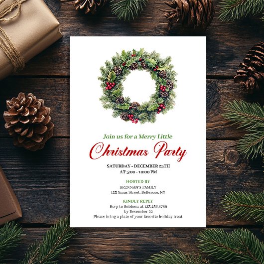 Classic Watercolor Christmas Wreath Invitation Einladung