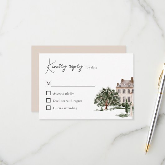 Classic Watercolor English Manor House Wedding RSVP Karte (Vorderseite/Rückseite Beispiel)