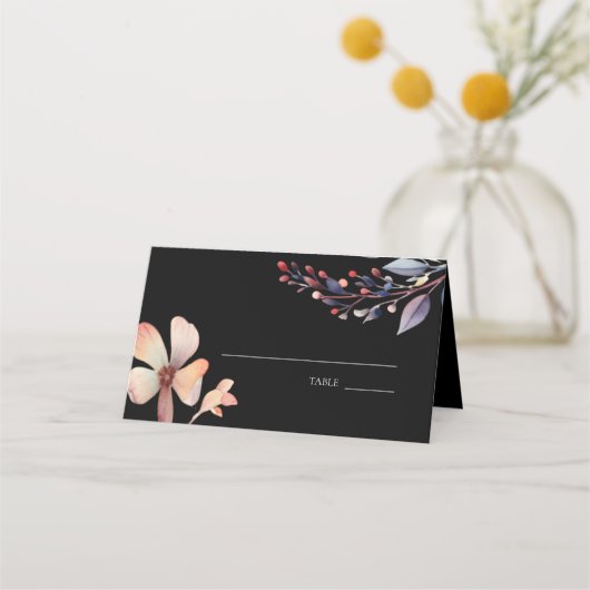 Classic Watercolor Floral Blätter Black Wedding Platzkarte (Vorderseite)