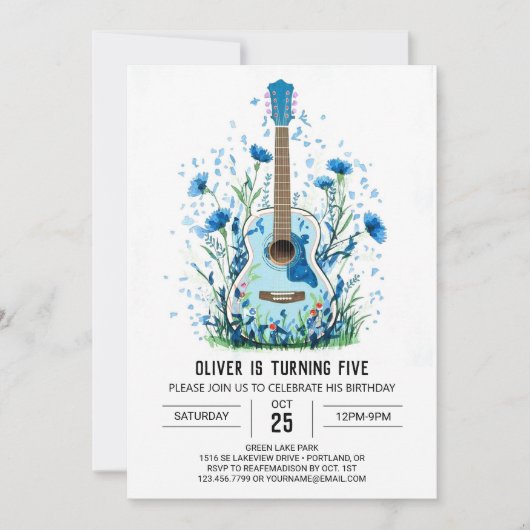 Classic Watercolor Guitar Boy Birthday Einladung (Vorderseite)