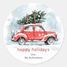 Classic Watercolor Red Car Christmas Tree Holiday 