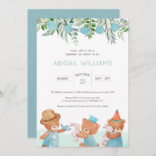 Classic Watercolor Teddy Bear Baby Shower Einladung (Vorne/Hinten)