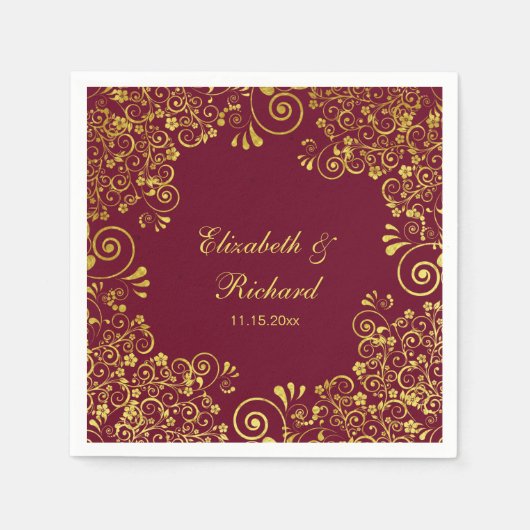 Classic Wedding Burgundy Gold Floral Muster Serviette (Vorderseite)