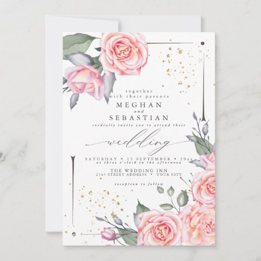 Classic Wedding Elegante Wasserfarbe Rosa Rosen Einladung (Vorderseite)