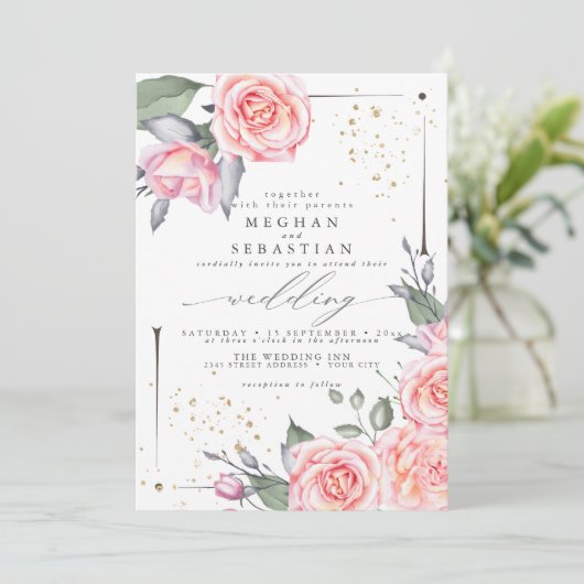 Classic Wedding Elegante Wasserfarbe Rosa Rosen Einladung (Stehend Vorderseite)