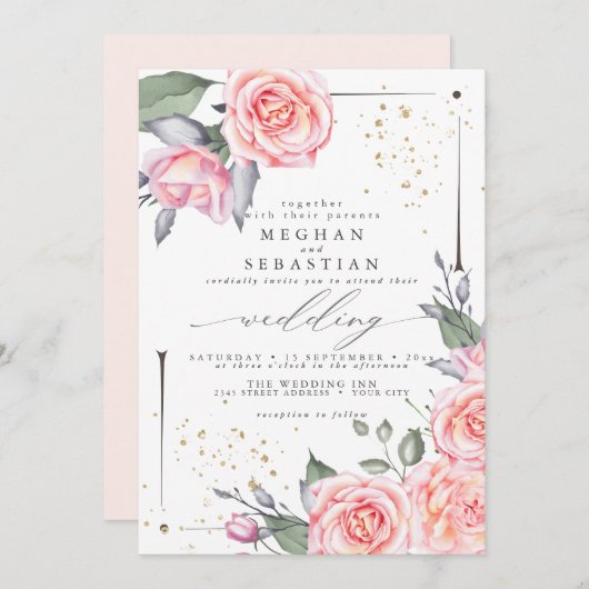 Classic Wedding Elegante Wasserfarbe Rosa Rosen Einladung (Vorne/Hinten)