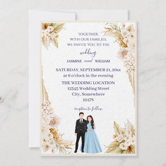 Classic wedding invitation in beige and gold einladung (Vorderseite)