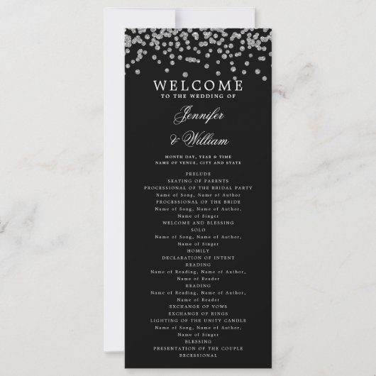 Classic Wedding Program Confetti Silver Black Einladung (Vorderseite)