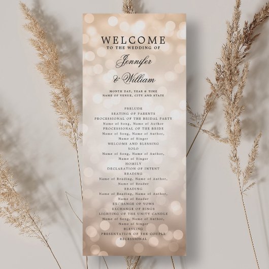 Classic Wedding Program Rose Gold Bokeh Lights Einladung
