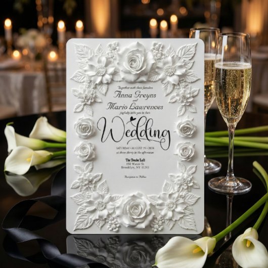 Classic White Bas Relief Faux Embossed Floral  Einladung