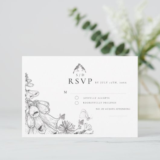 Classic White Black Floral Wedding  RSVP Card (Stehend Vorderseite)