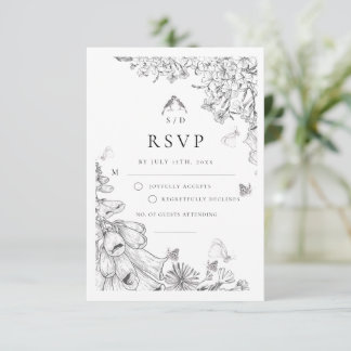 Classic White Black Floral Wedding RSVP Karte