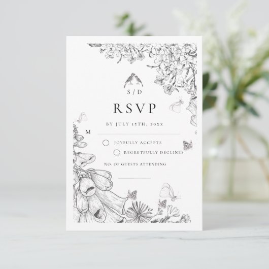 Classic White Black Floral Wedding  RSVP Karte (Stehend Vorderseite)