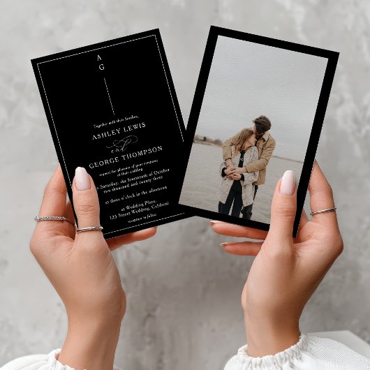 Classic white black photo calligraphy wedding einladung