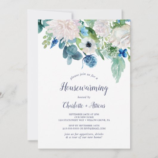 Classic White Blume Housewarming Party Einladung (Vorderseite)