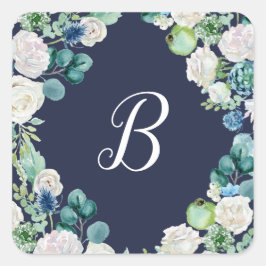 Classic White Blume Navy Monogram Umschlag Aufkleb Quadratischer Aufkleber