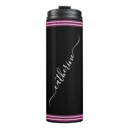 Classic White Cursive Script Name Hot Pink Black Thermosbecher (Vorderseite)