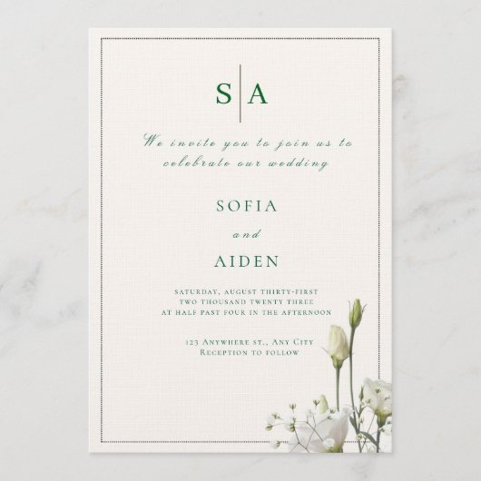classic white floral and border wedding invitation einladung (Vorderseite)
