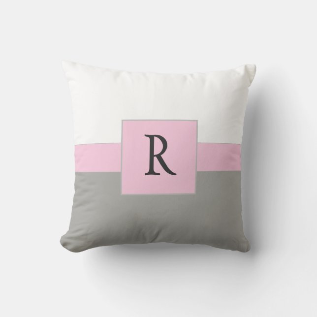Classic White Pink und Gray Monogram Kissen (Vorderseite)
