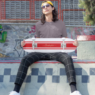 Classic White Red Racing Stripes Gold Mit Monogram Skateboard
