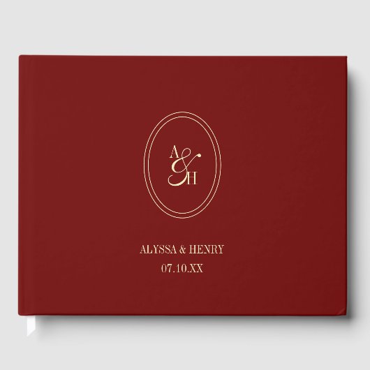Classic Wine Red Monogram Custom Wedding Gästebuch (Vorderseite)