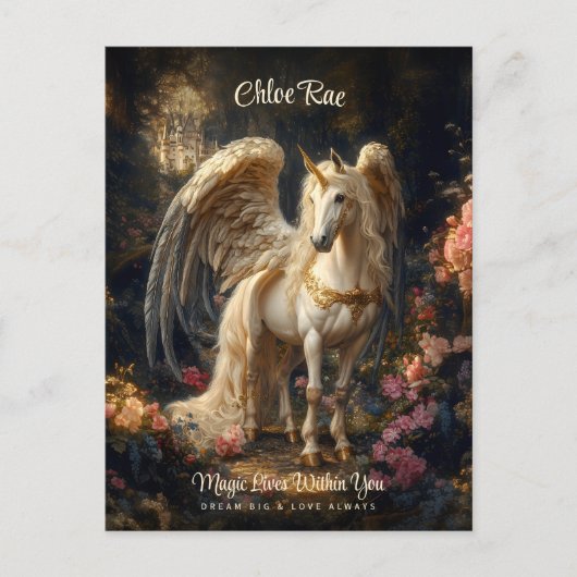 Classic Winged Unicorn Fantasy Forest Förderung Postkarte (Vorderseite)