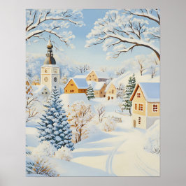 Classic Winter Village mit Snowy Church and Trees Poster