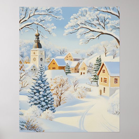 Classic Winter Village mit Snowy Church and Trees Poster (Vorne)