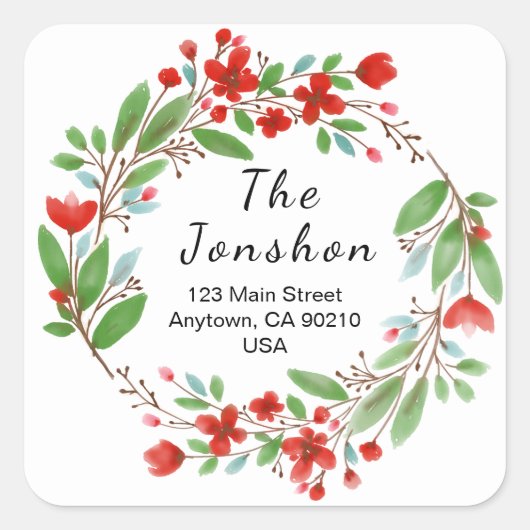 Classic Wreath Custom Script Holiday Return Label Quadratischer Aufkleber (Vorderseite)