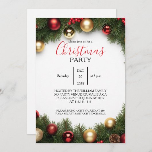 Classic Wreath Family Christmas Party Invitation Einladung (Vorne/Hinten)