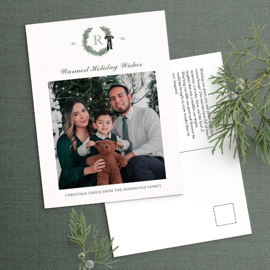 Classic Wreath Monogram Foto Holiday Postkarte