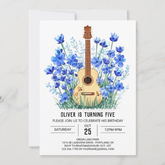 Classical Blue Guitar Boy Birthday Einladung (Vorderseite)