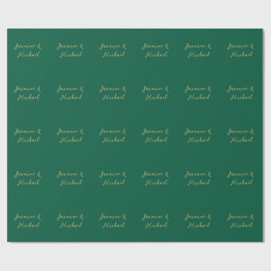 Classical Calligraphy Couple Names Green & Gold Geschenkpapier (Flach)