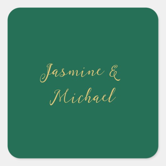 Classical Calligraphy Couple Names Green & Gold Quadratischer Aufkleber (Vorderseite)