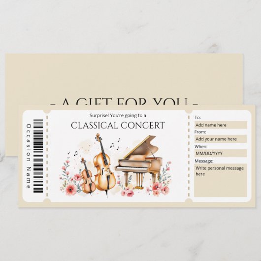 Classical Music Ticket Gift Certificate Einladung (Vorne/Hinten)