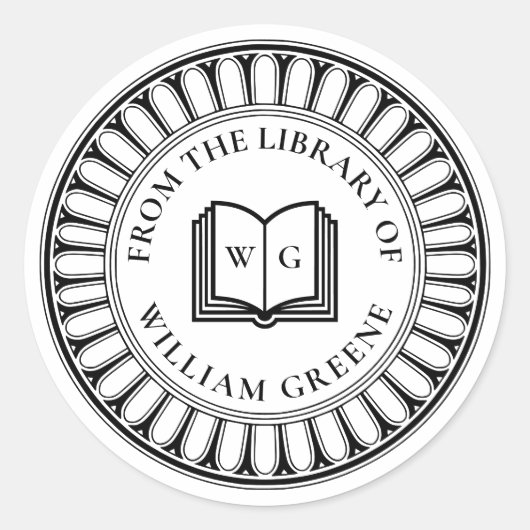Classical Open Book Monogram Ex Libris Bookplate Runder Aufkleber (Vorderseite)