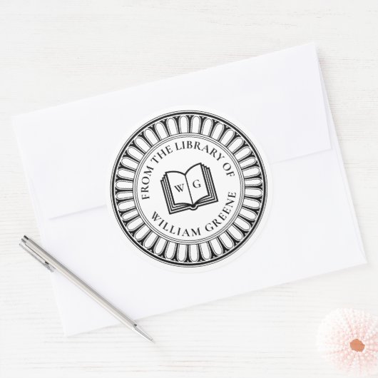 Classical Open Book Monogram Ex Libris Bookplate Runder Aufkleber (Umschlag)