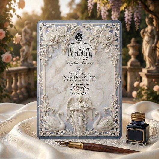 Classical Rococo Arch Angel & Swans Wedding  Einladung