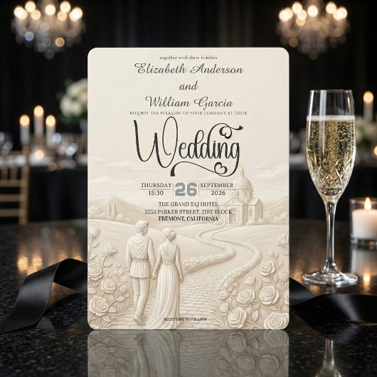 Classical Romantic Church Scene Wedding Einladung