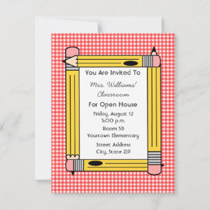 Classroom Open House: Yellow Pencils, Red Gingham Einladung