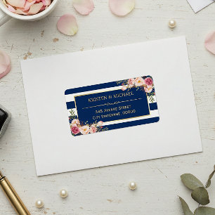 Classrosa Floral Gold Navy Blue Stripes Adressaufkleber