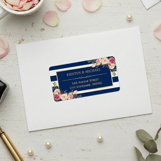 Classrosa Floral Gold Navy Blue Stripes Adressaufkleber