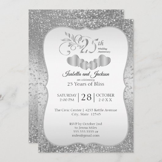 Classy 25. Silver Glitzer Jubiläum Einladung (Vorne/Hinten)