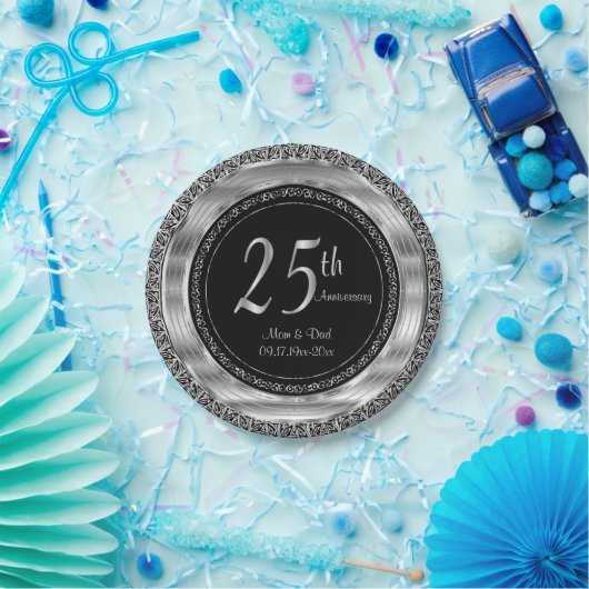 Classy 25. Silver und Black Wedding Jubiläum Pappteller (Party)