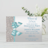 Classy Aquamarin Gem Bow, Silver Sequins Abschluss Einladung (Stehend Vorderseite)